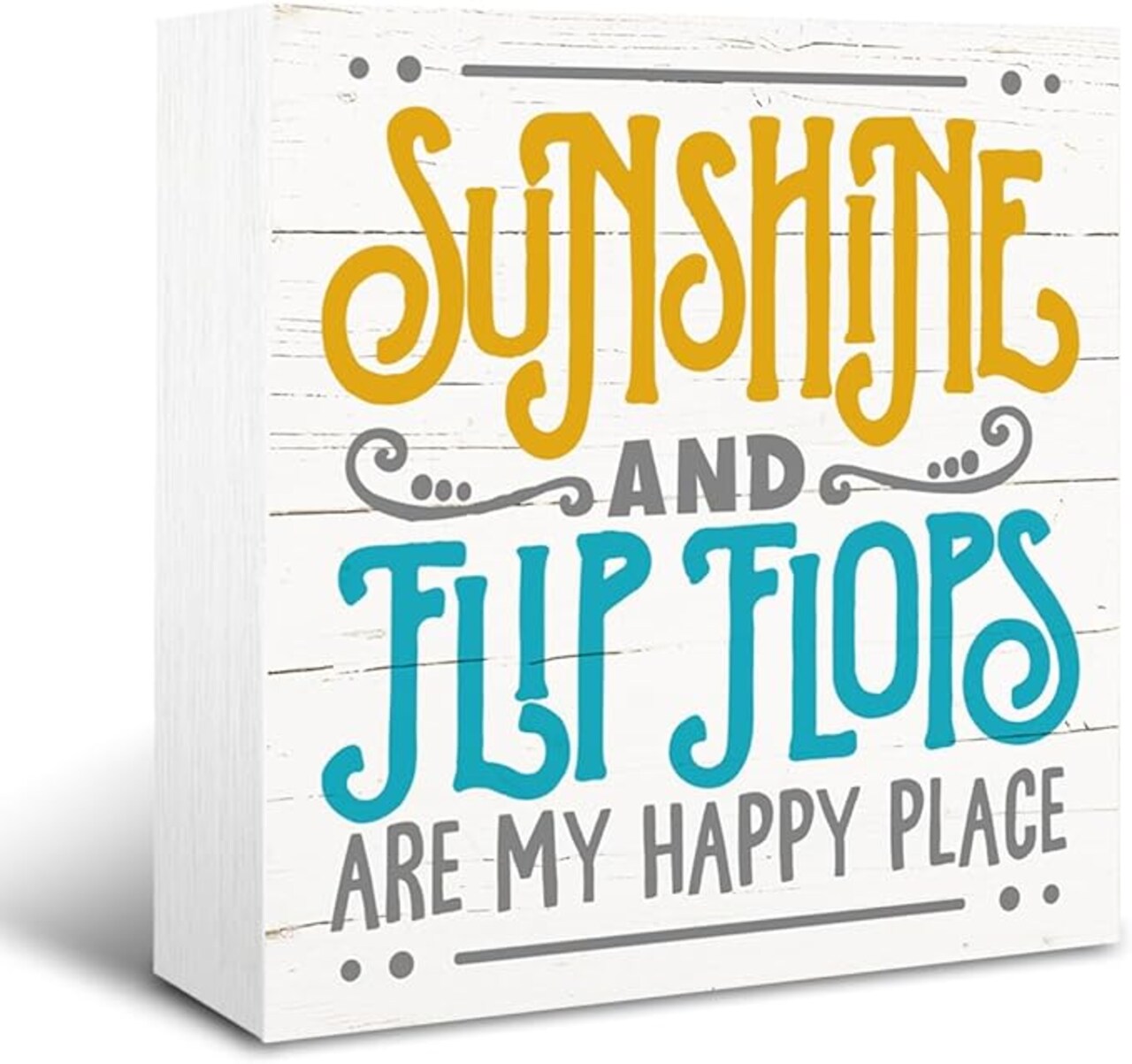 Summer Decor Sign, Inspirational Wooden Box Signs, Coastal Beach Table Decoration, Ocean Theme Home Decor for Living Room Bedroom Kitchen, Sunshine and Flip Flops are My Happy Place Sign 5×5×1.2inches